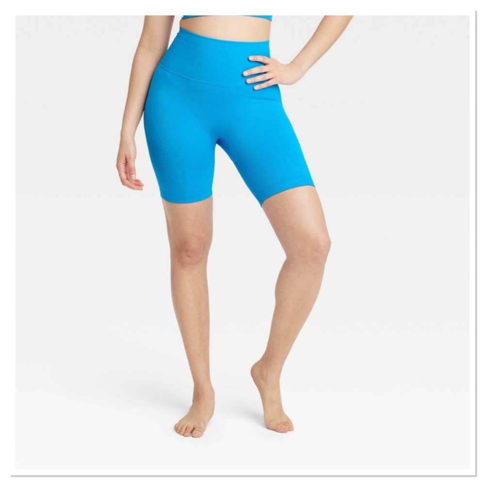 Women's Blue Seamless High-Waisted Rib Bike Shorts 6”